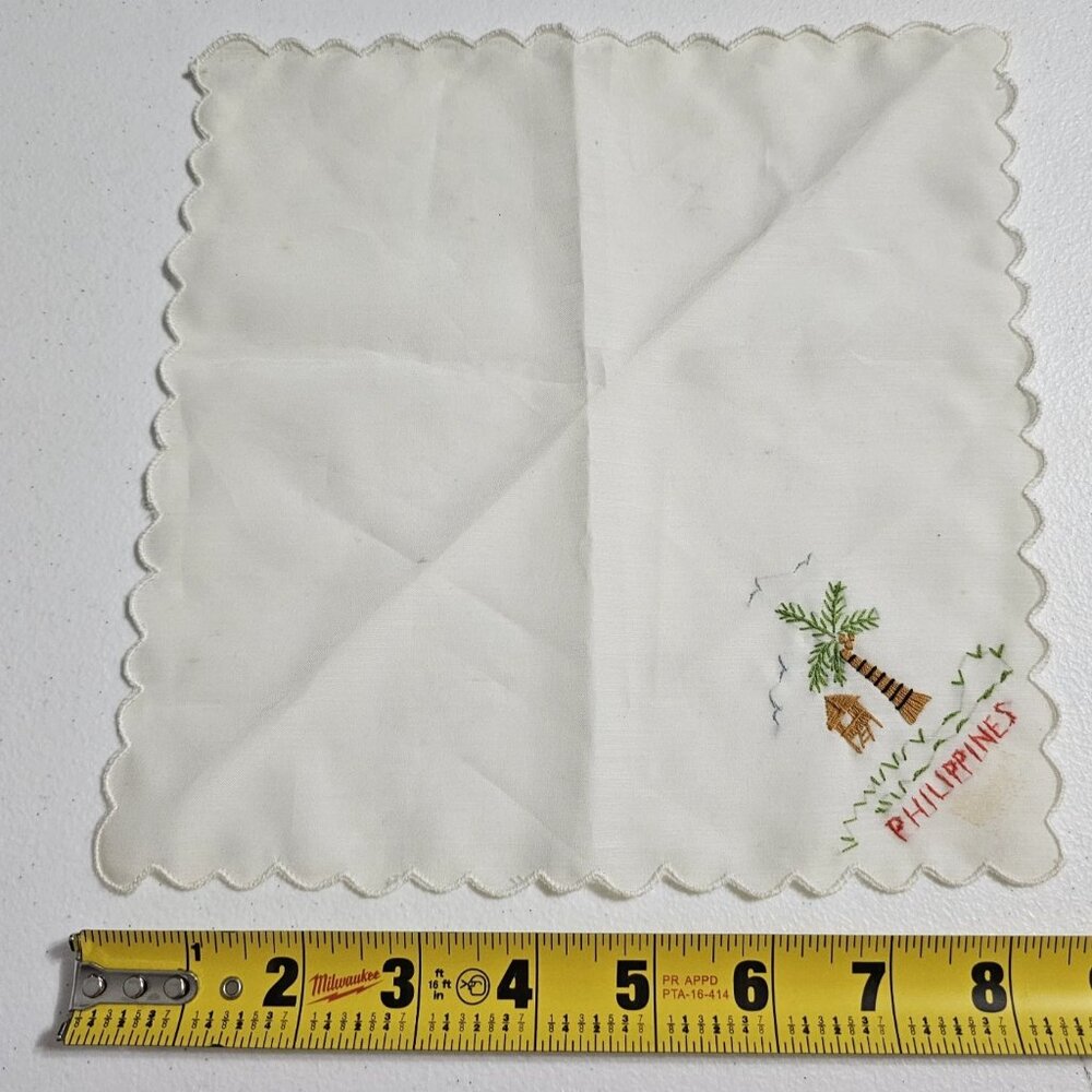 Vintage Handkerchief Hankie Philippines Stitched Straw Hut Bull Ox Palm Tree - Picture 11 of 13